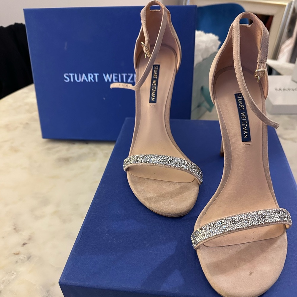 Stuart Weitzman - Nudistsong dolce suede w crystal heels size 8